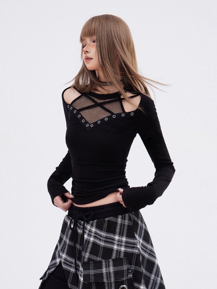 ブラック スリムフィット トップ パッチワーク カットアウト ショルダー グラマラス メッシュ