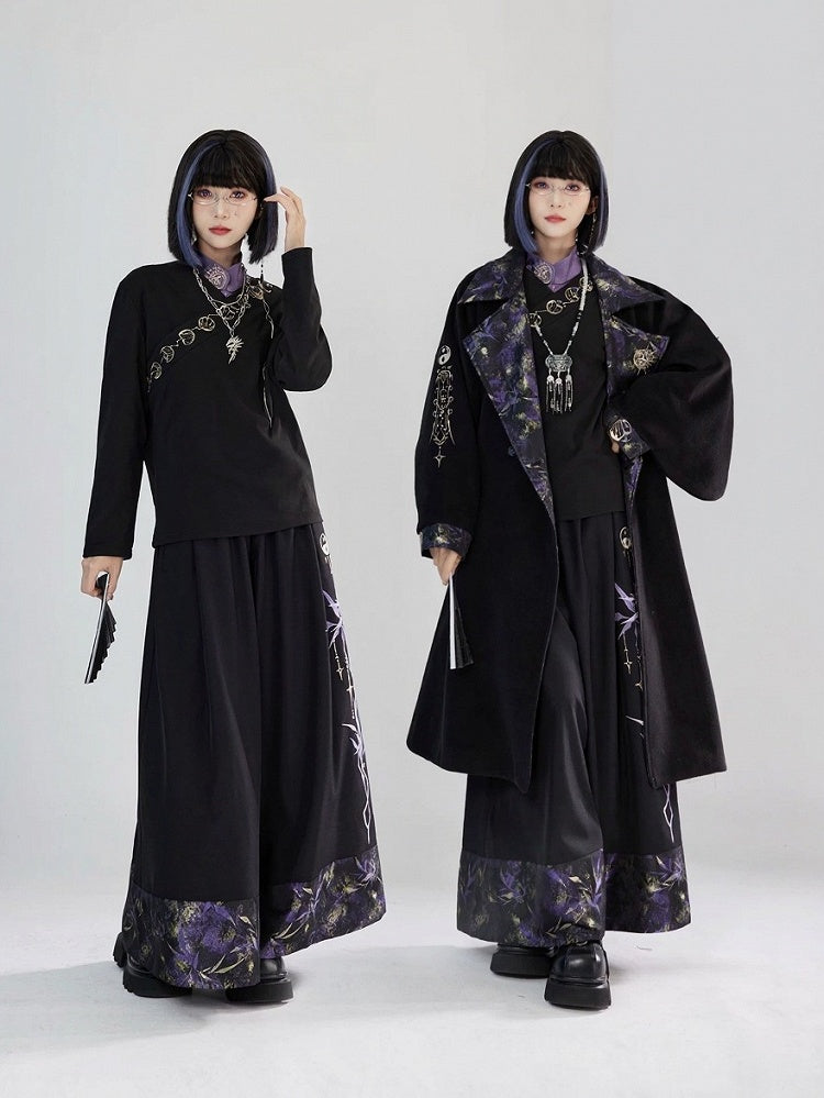 Lunar Embroidery Cross Style Long - Phase Cheongsam Top Collar Sleeve Black Unisex