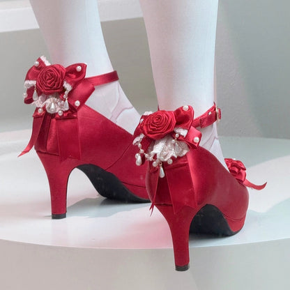 Heeled Bow Top Closure Satin Heart with Mary Trim Red - Lolita Janes Elegant Snap Lace
