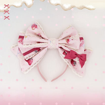 Pink Strawberry Dessert Print Sweet Lolita Bow KC