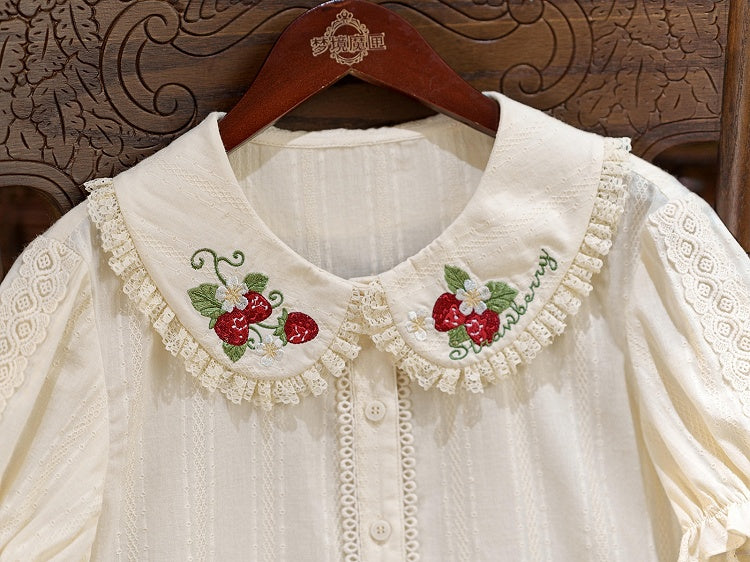 Cream Short Sleeve Lolita Blouse with Red Strawberry Embroidery Collar - Dream Magic Box