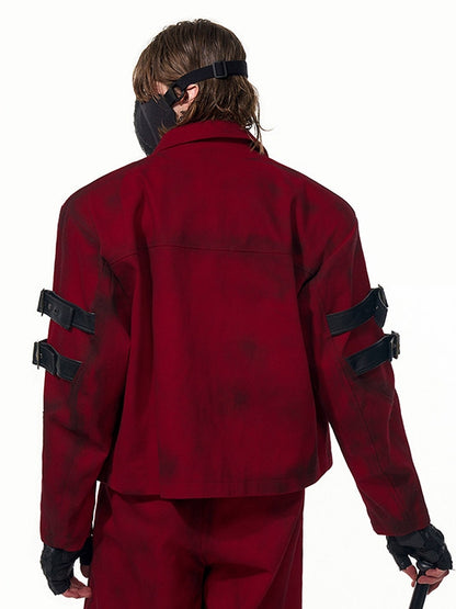 with Buckle Strap Jacket Design Distressed Unisex Short Red