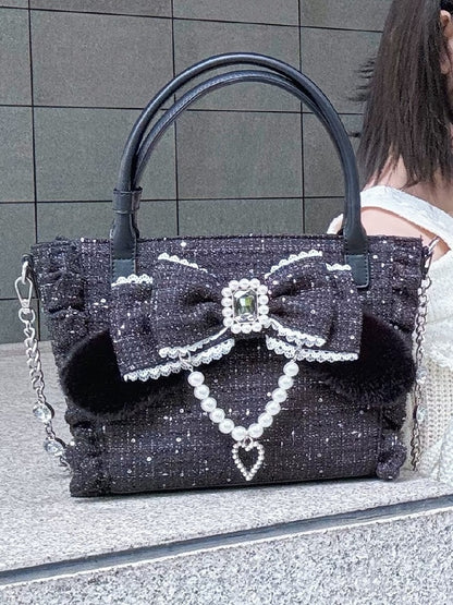 Embellishment Bunny Bow - Beaded Plush Elegant Black with Detachable Rhinestone Chain Decor Lolita Ruffled-Edge Bag Ear