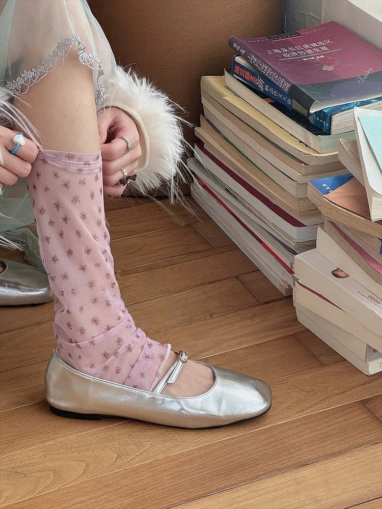 Style) Calf Sweet (Delicate Floral Semi-sheer Socks Footless