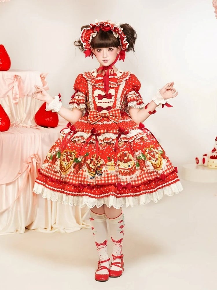 Sleeves Hem Print Lolita Puff Red Ruffle Cake Dress Strawberry with Sweet