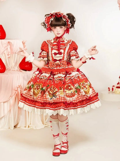 Sleeves Hem Print Lolita Puff Red Ruffle Cake Dress Strawberry with Sweet