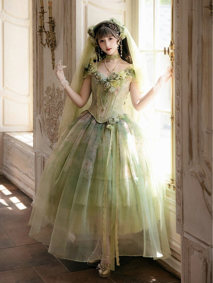 Green Oil Painting Lolita Layered Tulle Skirt - Nine Odes