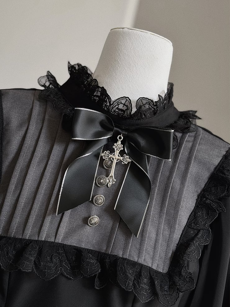 Schwarzes Ärmelkleid, lang, Lolita Kei-inspiriert, grau, Jirai und