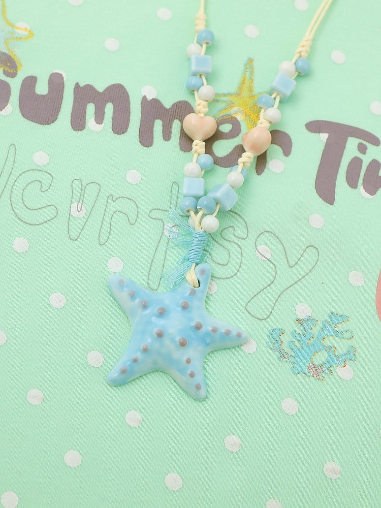 Green Summer Kawaii Letter Print V-Neck Short Sleeve T-Shirt with Starfish Necklace - Languid Park