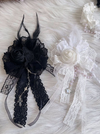Feather Hairclip Lolita Lace and with Accents White/Black Chain