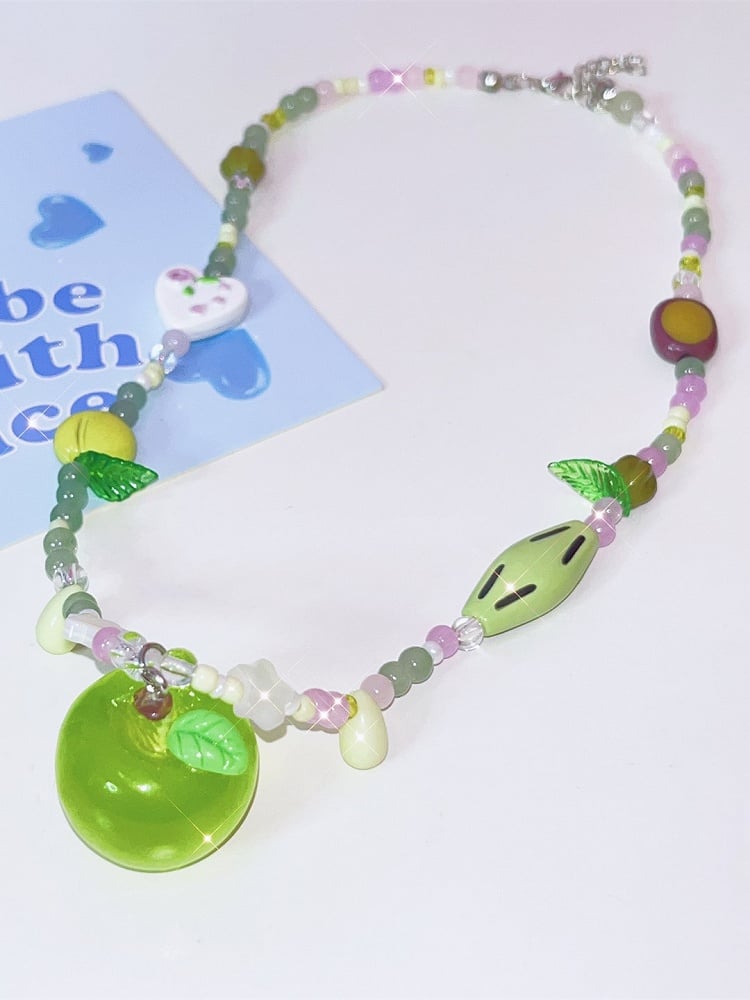 Y2K Pendant Necklace Apple Beaded Green