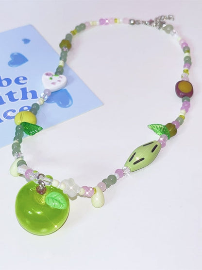 Y2K Pendant Necklace Apple Beaded Green