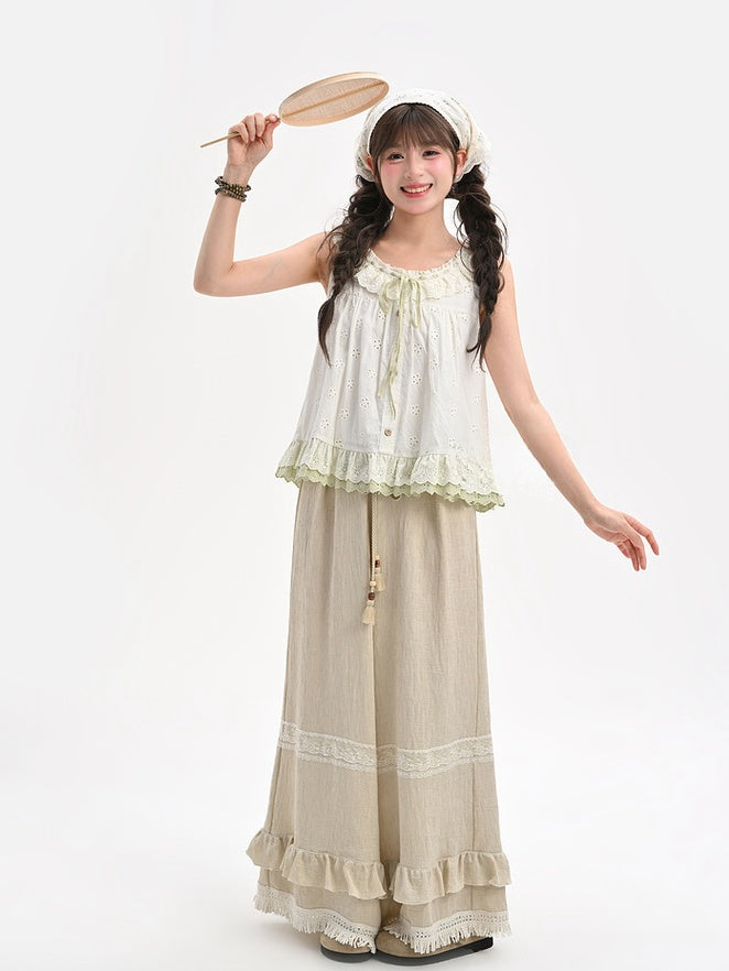 Tanktop mit Ausschnitt, zum Selbstbinden, flatternde Ärmel, gestuft am Träger, grün mit Rüschen, Cutton