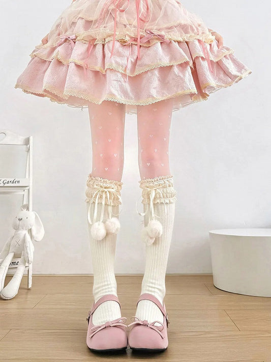 Colors Lace Pom-Pom Socks 5 Ribbon Calf -