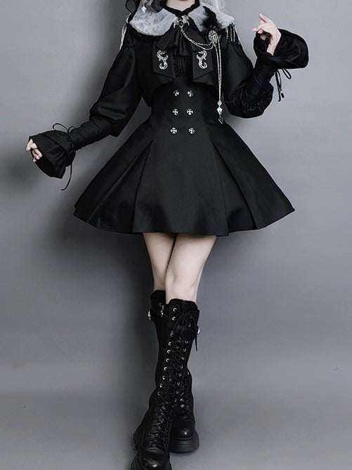 Lolita Coat Collar Sleeves Leg-of-Mutton Black Faux with Fur Gothic Detachable