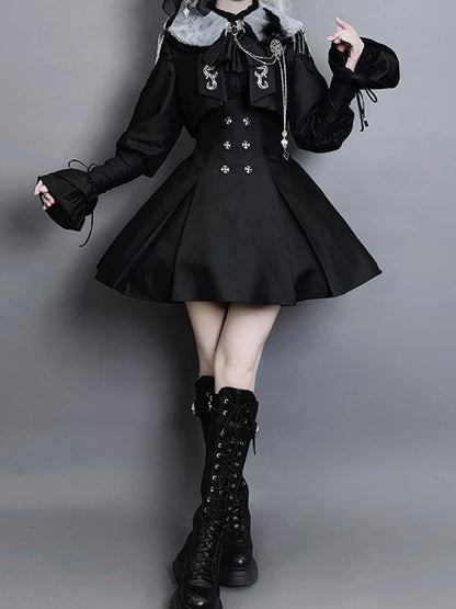 Lolita Coat Collar Sleeves Leg-of-Mutton Black Faux with Fur Gothic Detachable