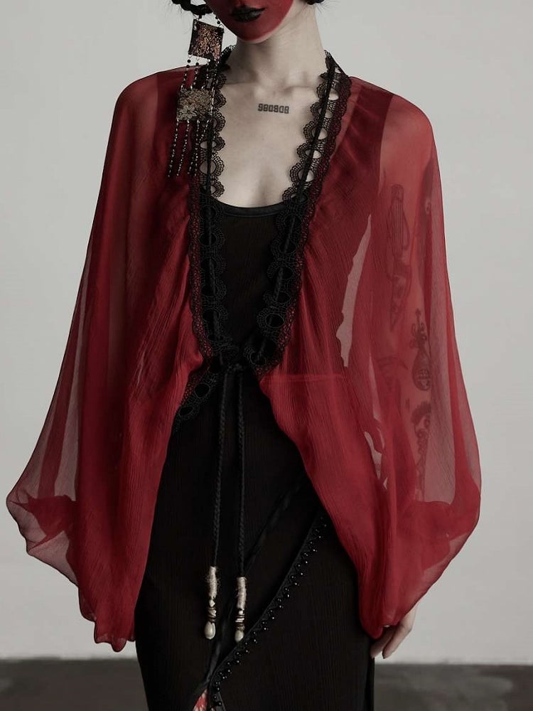Ruffled Sheer Goth Cord Details Urban with Red Shell Cardigan