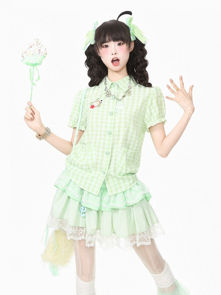 Green Gingham Puff Sleeve Top with Apple Embroidery - Languid Park