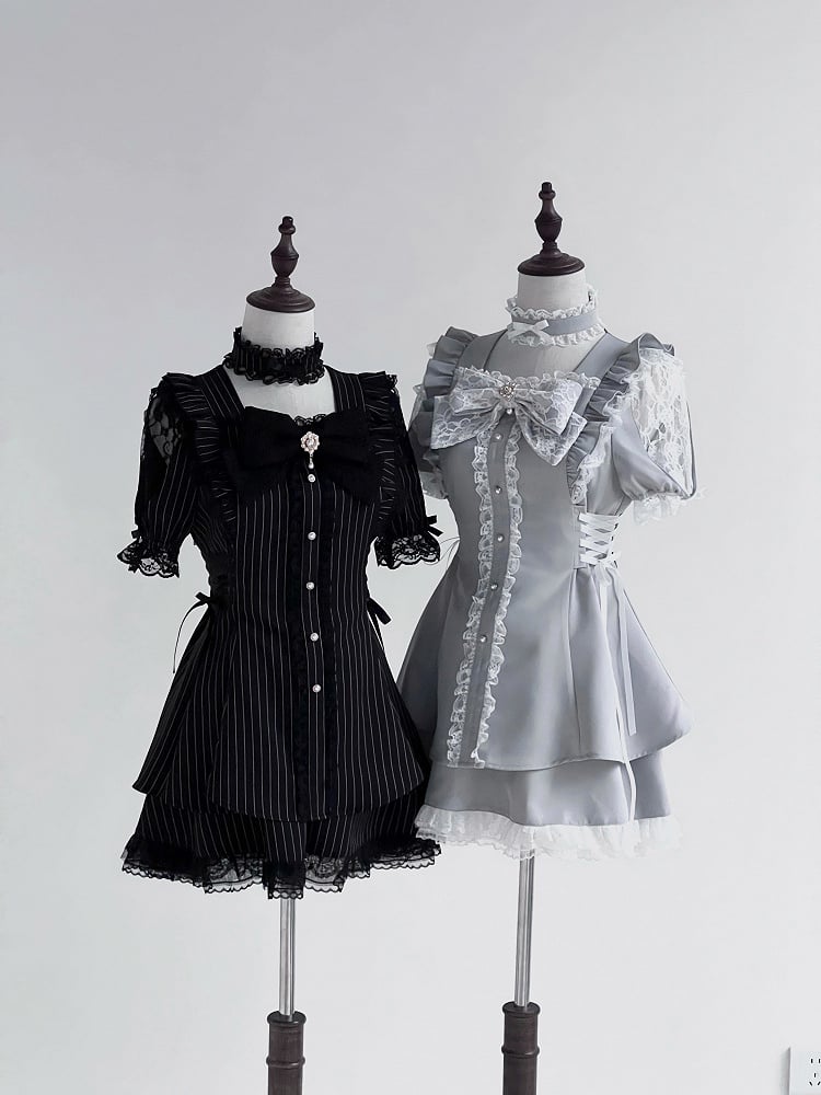 Kleidrock mit seitlicher Schnürung, Mini-Light-Kei-Style-Jirai-Schulter, passender Ausschnitt und graues Detailset: