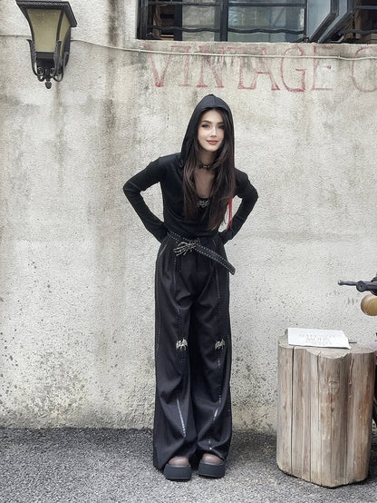 丈長めのフロア ブラック メタル ドラゴン ニー ワイドレッグ パンツ