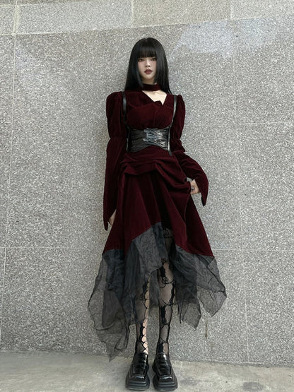 Gothic Wine Red Velvet Handkerchief Hem Midi Length Dress