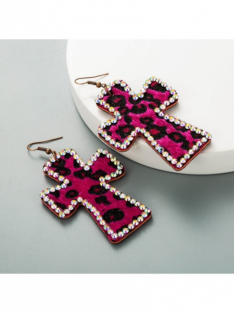 3-Color Y2K Leopard Print Cross Earrings with Rhinestone