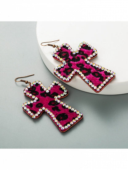 3-Color Y2K Leopard Print Cross Earrings with Rhinestone