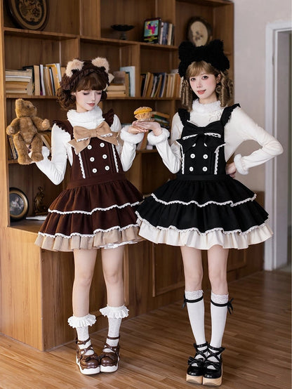 Coffee Sweet Winter Tiered Overall Dress with Bear Ear Hairband - With PUJI