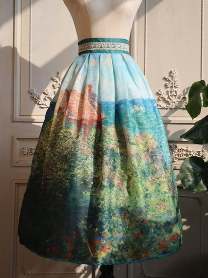 ロング/ショートハイバージョンウエストスカートフィッシャーマンズコテージ油絵プリントグリーン