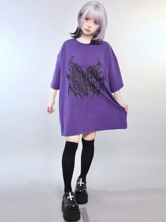 ジライTシャツ ラウンドプリント バタフライネック ケイ パープル