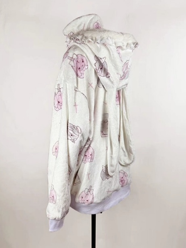Hooded White Jirai Pattern Fleece Kei Bunny Bunny-Ear Cartoon Jacket