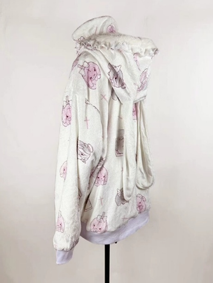 Hooded White Jirai Pattern Fleece Kei Bunny Bunny-Ear Cartoon Jacket