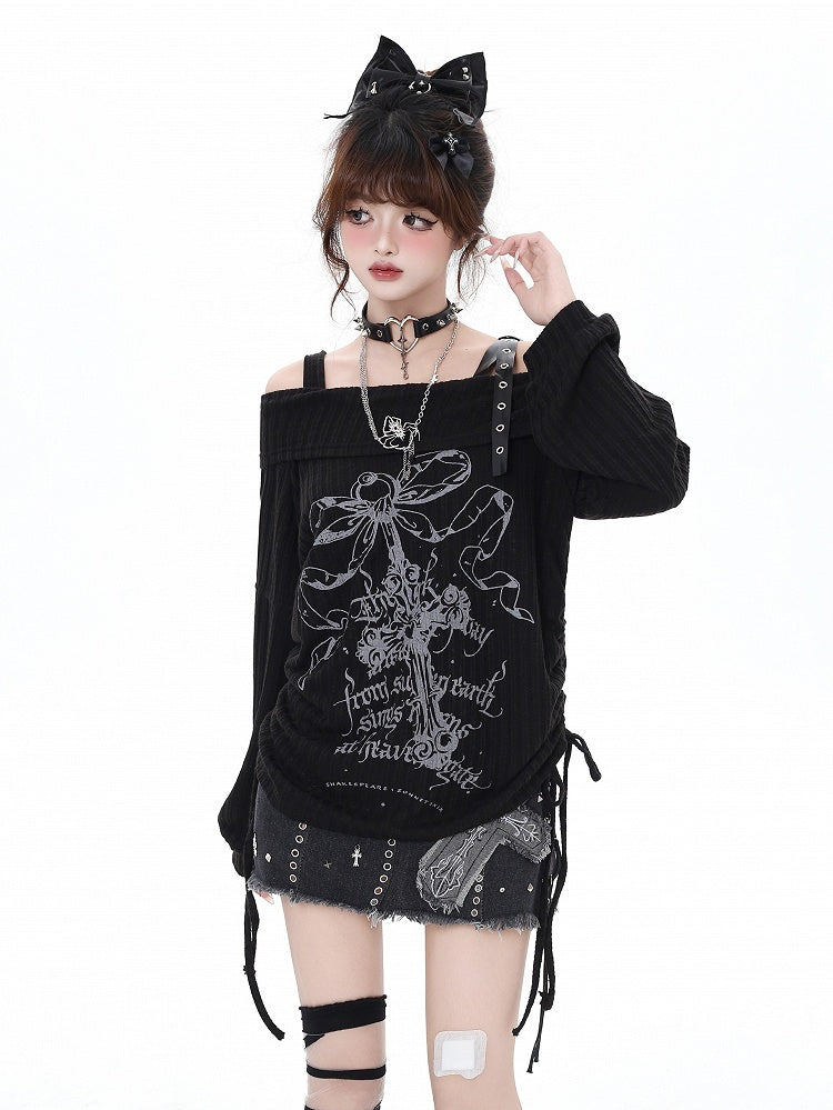 Edgy Bittersweet Black Print Waist Off-Shoulder Top: Drawstring Gray