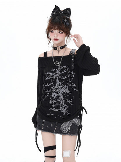 Edgy Bittersweet Black Print Waist Off-Shoulder Top: Drawstring Gray