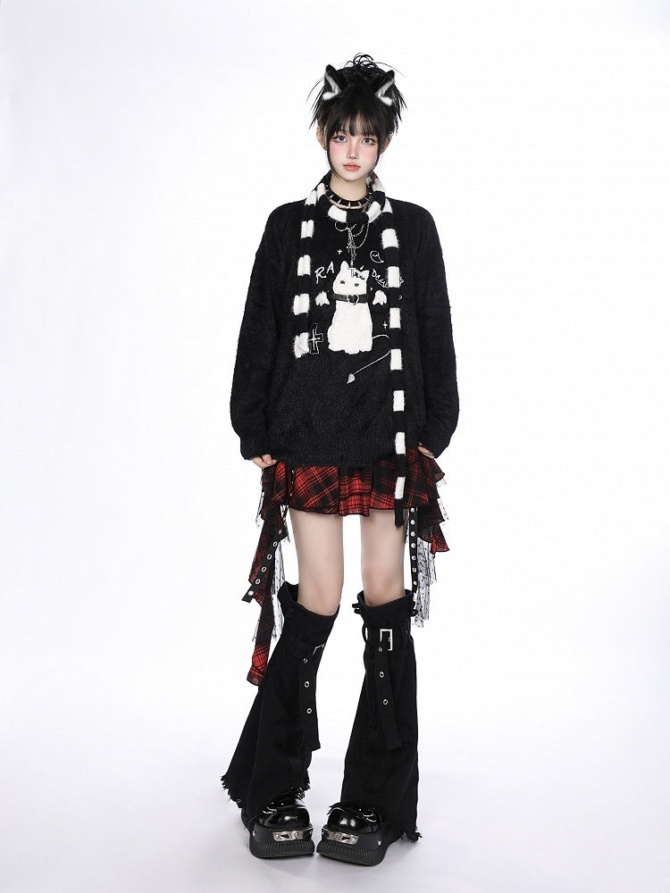 Detail Katzengürtel Pullover Kragen Strick Flockstickerei - Kawaii Weiß/Schwarz