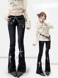 Flare Black Wings Print Y2K Jeans und Silhouette Kreuz