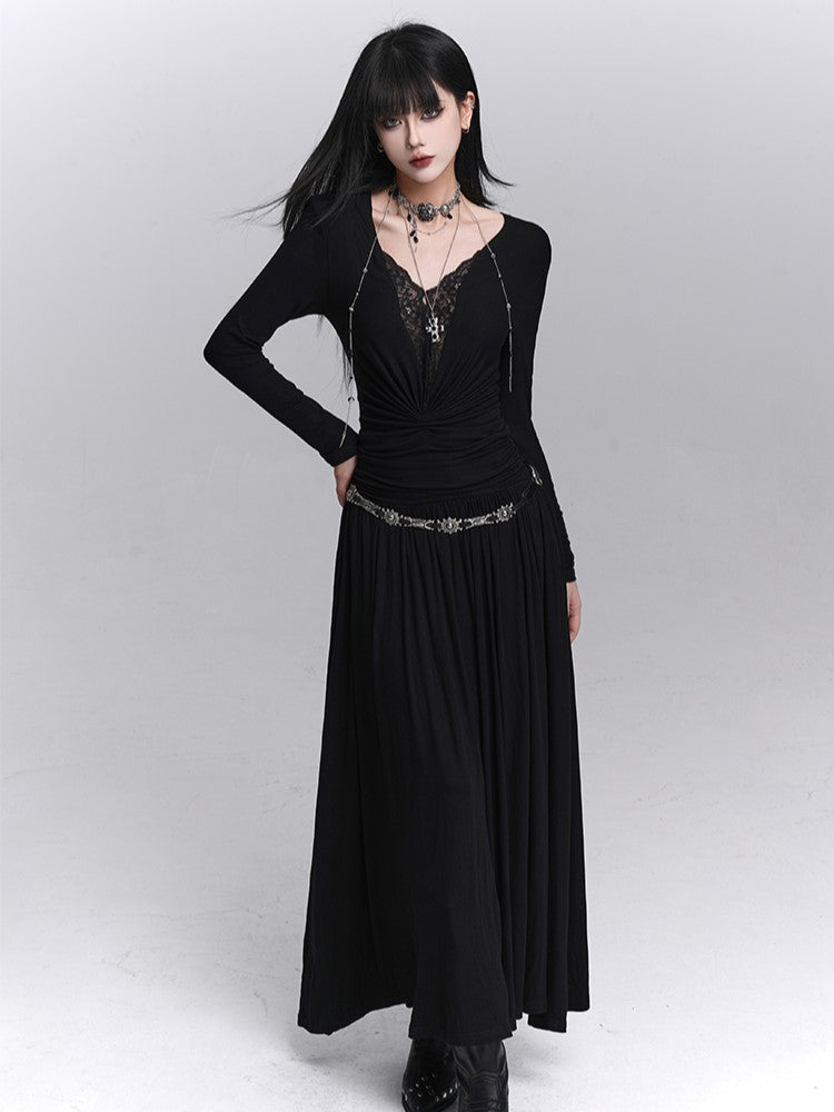 Ruched Detailing V-Neck with Lace Black Shoulders Maxi Gothic Dress Padded