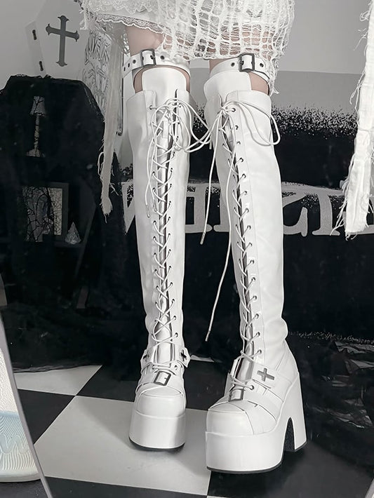 Matte White Front Lace-up Ties Buckle Straps Heel Platform Thigh-high Boots