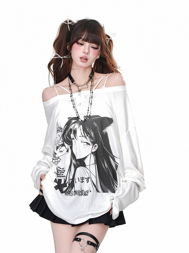 Black/White Off-the-shoulder Neckline Cartoon Print Top