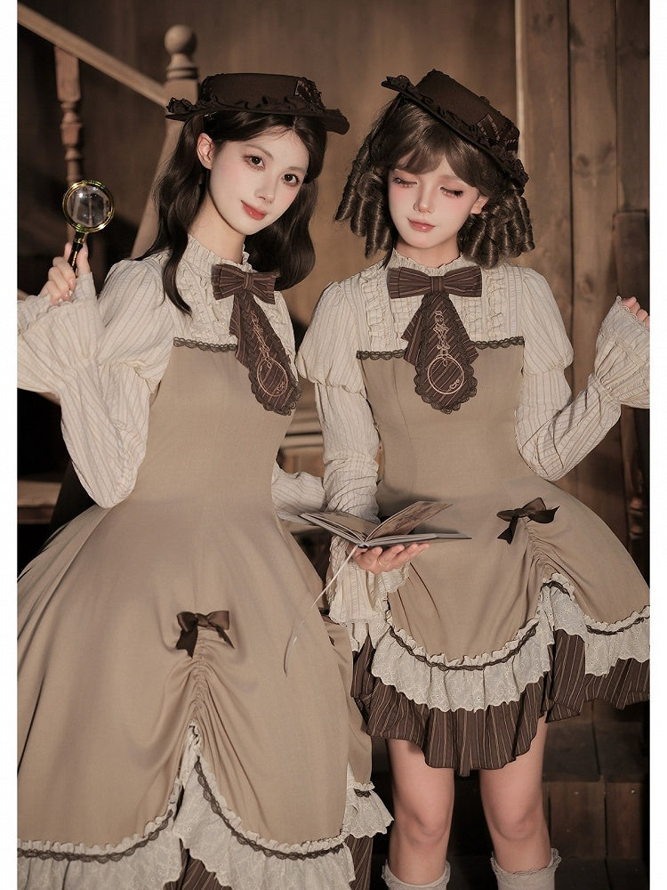 Brown Striped Faux-Layered Lolita Dress Set with Drawstring, Cape, Jabot & Mini Hat - With PUJI