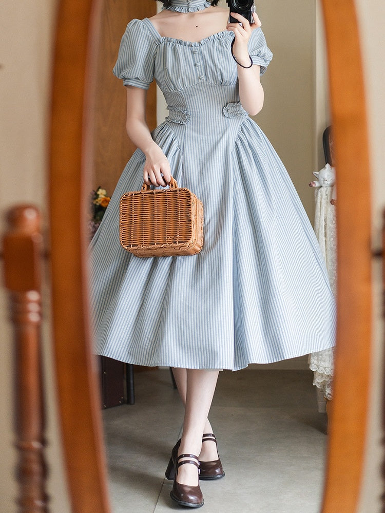 Square Sleeves Fabric Blue Dress Puff Neckline Striped Vintage Fashion Retro