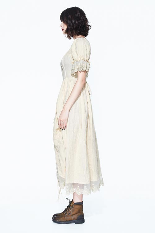 Creamy White Punk Victorian Drawstring Embroidered Lace Dress for Women