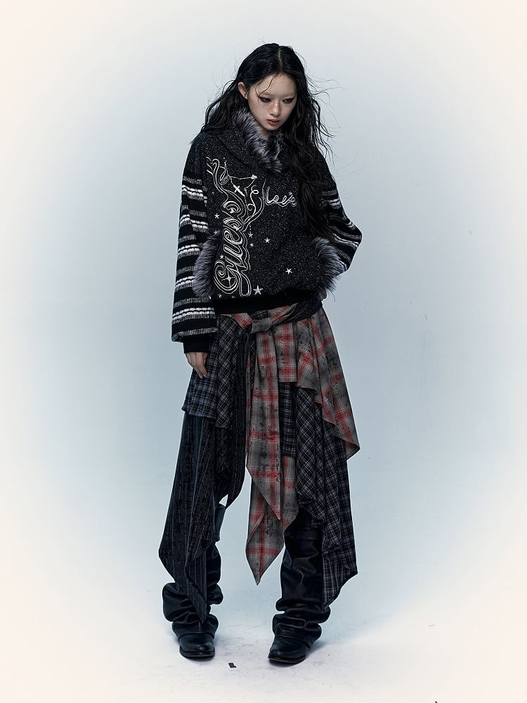 Black and White Plush Trim Striped Sleeves Hoodie