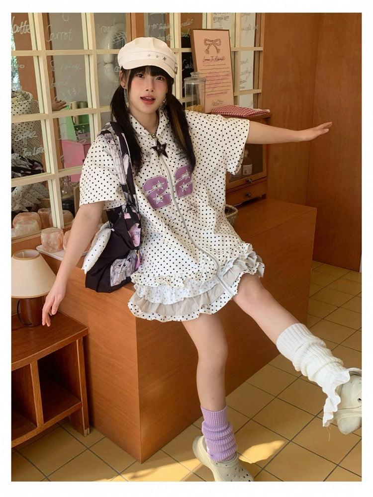 Hoodie Number White Print and with Dots Tiered Ruffles Dress Polka