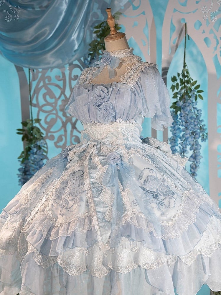 Dress Blue Accents Lolita Version JSK Rose Short Hanayome Layered Ruffles Flowing Light with