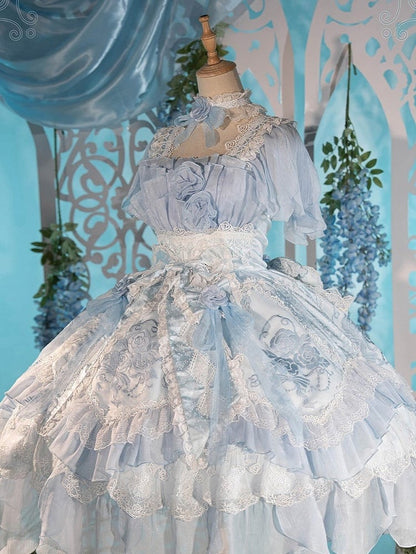 Dress Blue Accents Lolita Version JSK Rose Short Hanayome Layered Ruffles Flowing Light with