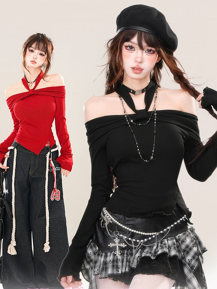 Black/Red Asymmetrical Slit Hem Halter Neck Top