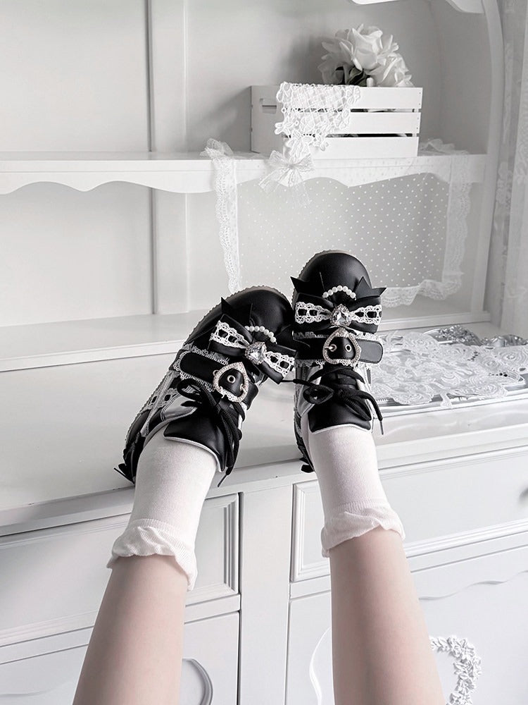 Black Jirai Kei Style Flat Shoes with Heart Buckle, Bowknot & Crystal Embellishments - Transfer Student