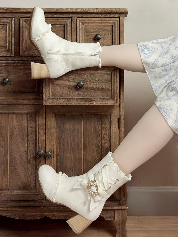 White Lace-Up Bow-Embellished Sweet Lolita Round Toe Ankle Boots - Magic Peach