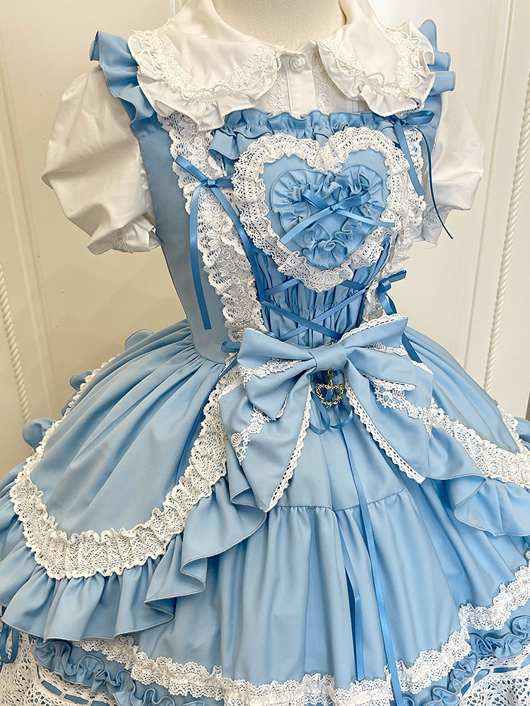 Blue Bodice Heart Detachable Padded School Dress Old Lolita Jumper Skirt